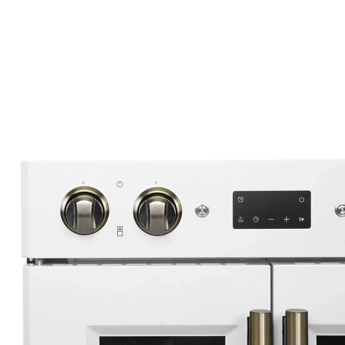 Forno Asti 30" Double Electric Wall Oven, Upper French Doors, White with Antique Brass Trim, FBOEL1340-30WHT09K