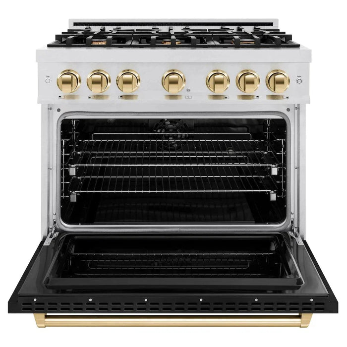 ZLINE 36" Dual Fuel Range, Gas Cooktop, Electric Convection Oven DuraSnow®Stainless Steel, Black Matte Door Polished Gold CDRSZ-BLM-36-G09K