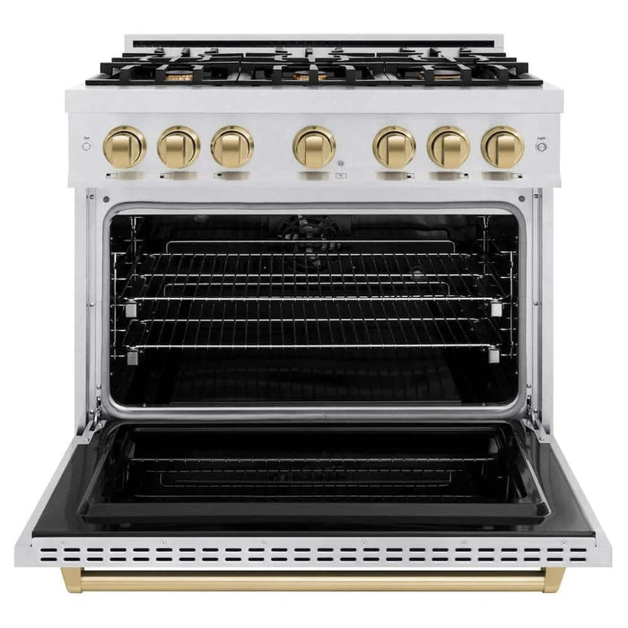 ZLINE 36" Dual Fuel Range, Gas Cooktop, Electric Convection Oven DuraSnow® Stainless Steel, Champagne Bronze CDRSZ-36-CB09K