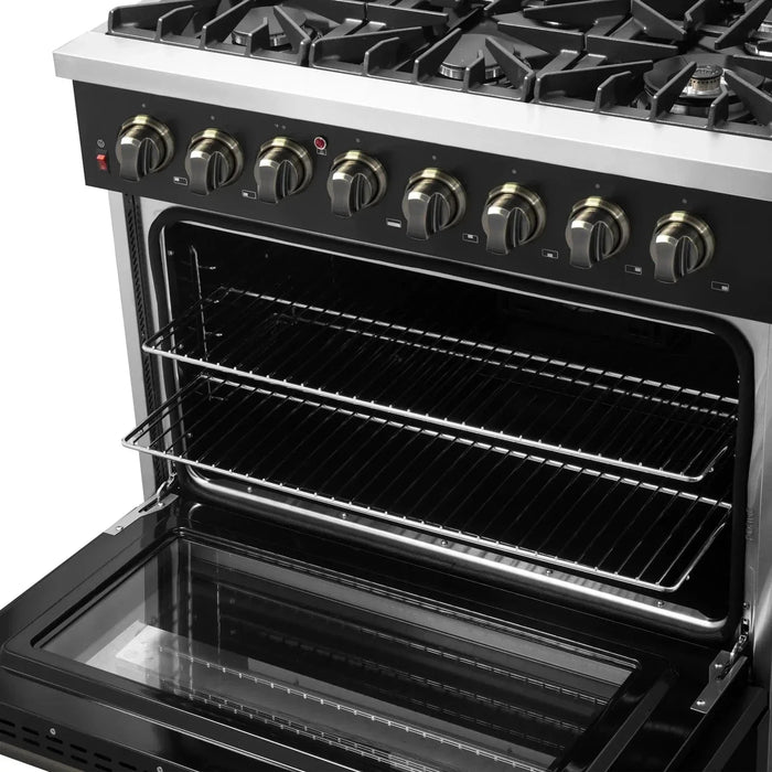 Forno Galiano Gold Professional - 36"Freestanding Dual Fuel Range Gas Stove, Electric Oven Black, Antique Brass Trim, FFSGS6156-36BLK09K