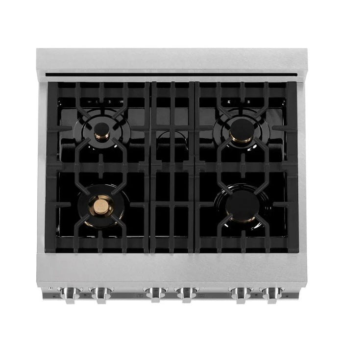 ZLINE 30" Dual Fuel Range, DuraSnow, Stainless, Brass Burners, Griddle RAS-SN-BR-GR-3009K