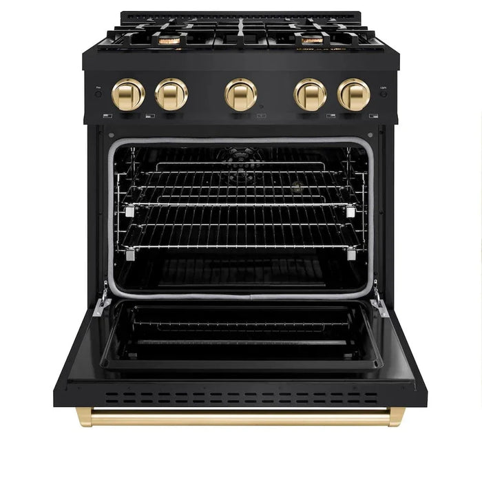 ZLINE 30" Dual Fuel Range, Gas Cooktop, Electric Convection Oven Black Stainless Steel, Gold CDRBZ-30-G09K