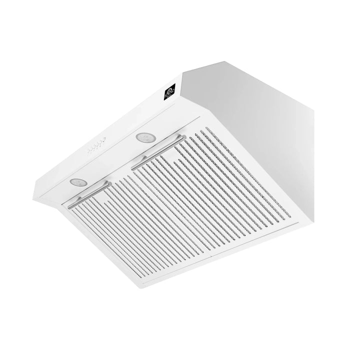 Forno Espresso Package - 30" Electric Range, Range Hood and Refrigerator in White with Silver Handles, FBDL-001-03US09K