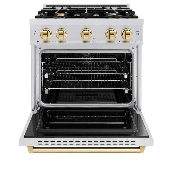 ZLINE 30" Dual Fuel Range, Gas Cooktop, Electric Convection Oven DuraSnow® Stainless Steel, Gold CDRSZ-30-G09K