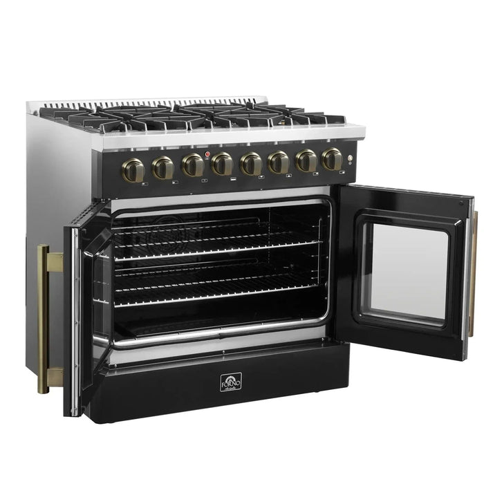 Forno Galiano 36"French DoorDual Fuel Range, Gas Stove, Electric Oven Black, Antique Brass Trim, FFSGS6356-36BLK09K