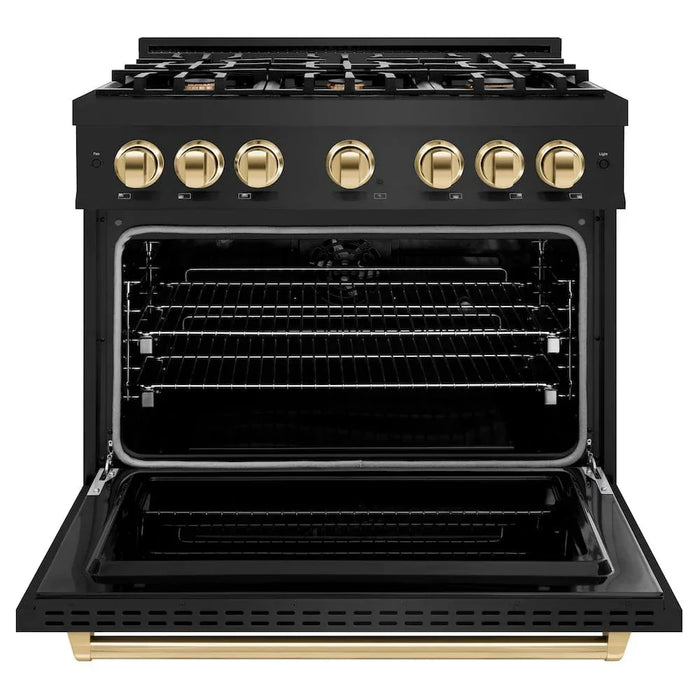 ZLINE 36" Dual Fuel Range, Gas Cooktop, Electric Convection Oven Black Stainless Steel, Gold CDRBZ-36-G09K