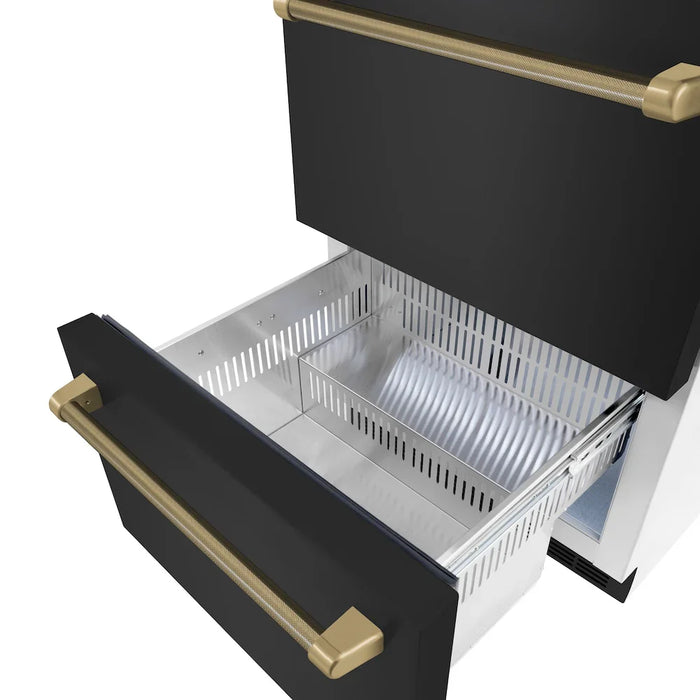 ZLINE Autograph Edition 24" Touchstone 168 Can Outdoor-Rated Dual Refrigerator Drawer, Black Stainless Steel Doors, Helix Handles RDSOZ-BS-24-KCB09K