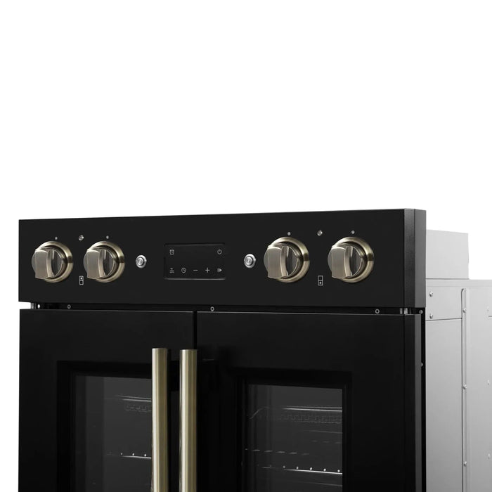 Forno Asti 30" Double Electric Wall Oven, Upper French Doors, Black with Antique Brass Trim, FBOEL1340-30BLK09K