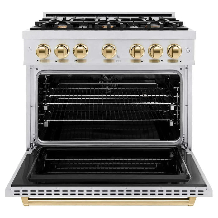 ZLINE 36" Dual Fuel Range, Gas Cooktop, Electric Convection Oven DuraSnow® Stainless Steel, Gold CDRSZ-36-G09K