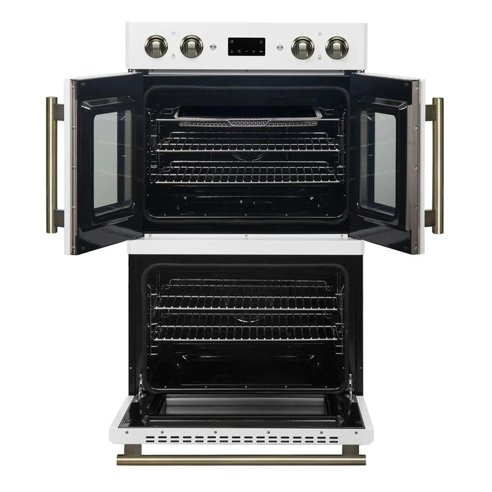 Forno Asti 30" Double Electric Wall Oven, Upper French Doors, White with Antique Brass Trim, FBOEL1340-30WHT09K