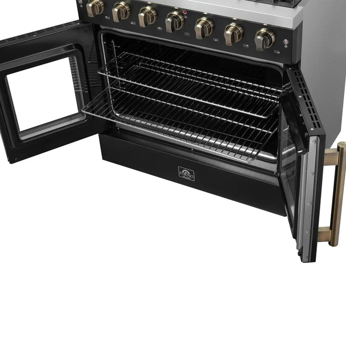 Forno Galiano 36." French Door All Gas Range, Black, Antique Brass Trim,FFSGS6444-36BLK09K