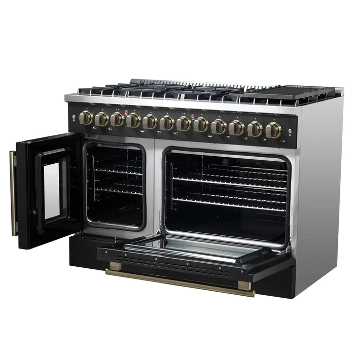 Forno Galiano 48" French Door Dual Fuel Range, 8 Burners, Electric Convection Oven, Black Antique Brass Trim, FFSGS6356-48BLK09K