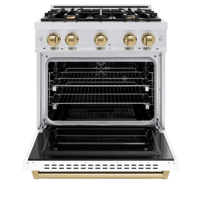ZLINE 30" Dual Fuel Range, Gas Cooktop, Electric Convection Oven DuraSnow® Stainless Steel, White Matte Door, Champagne Bronze CDRSZ-WM-30-CB09K