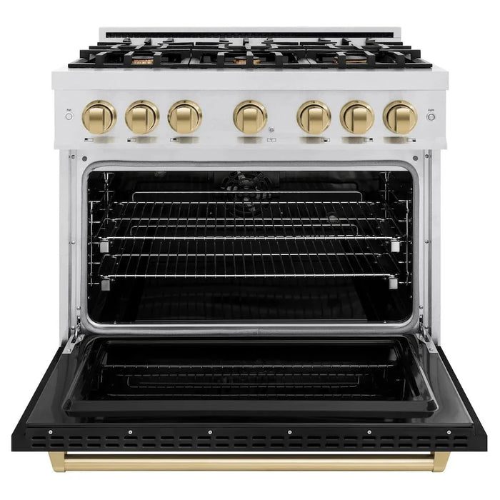 ZLINE 36" Dual Fuel Range, Gas Cooktop, Electric Convection Oven DuraSnow®Stainless Steel, Black Matte Door Champagne Bronze CDRSZ-BLM-36-CB09K