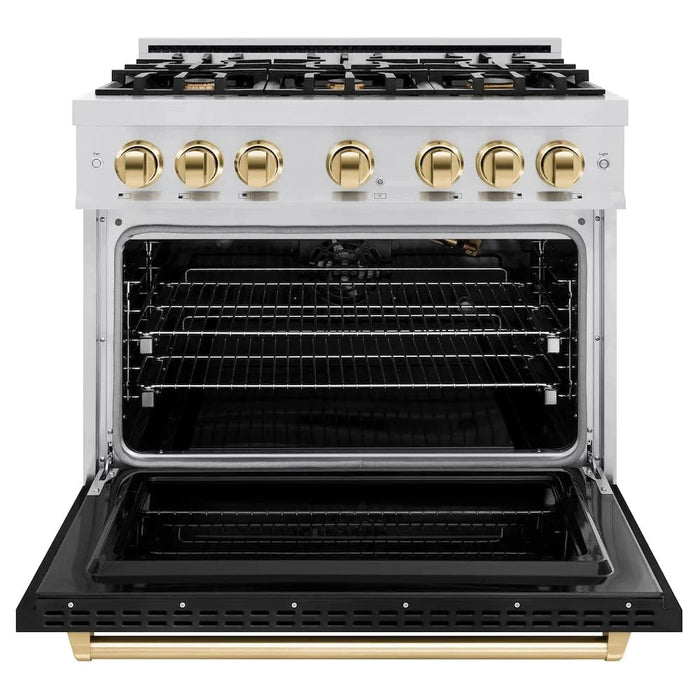 ZLINE 36" Classic Gas Range, Convection Gas Oven Stainless Steel, Black Matte Door Polished Gold CGRZ-BLM-36-G09K