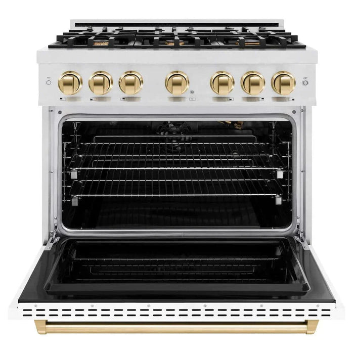 ZLINE 36"Classic Gas Range, Convection Gas Oven, DuraSnow® Stainless Steel, White Matte Door Polished Gold CGRSZ-WM-36-G09K