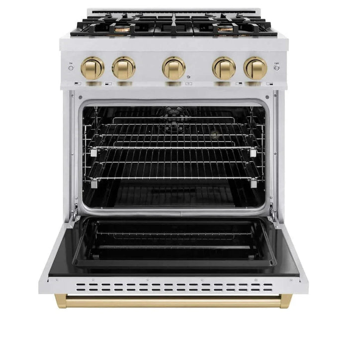 ZLINE 30" Dual Fuel Range, Gas Cooktop, Electric Convection Oven DuraSnow® Stainless Steel, Champagne Bronze CDRSZ-30-CB09K
