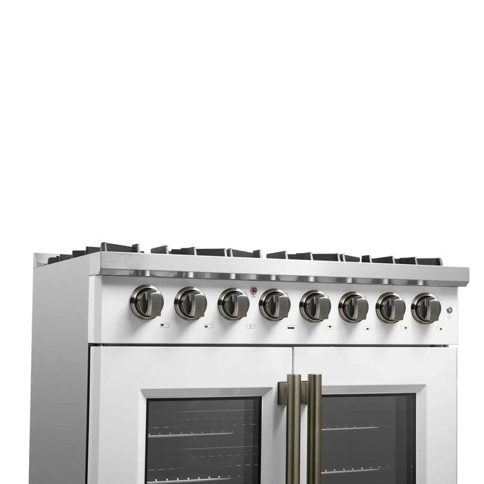 Forno Galiano 36"French DoorDual Fuel Range, Gas Stove, Electric Oven White, Antique Brass Trim, FFSGS6356-36WHT09K