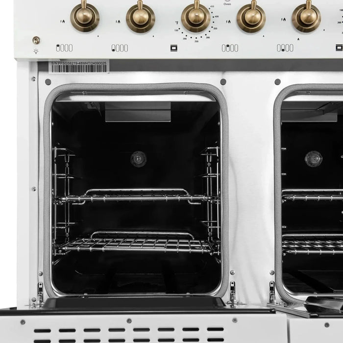 Forno Antico 48"Gas Range 8 Gas Burner Cooktop, Gas Convection Oven White, Antique Brass Trim, FFSGS6219-48WHT09K