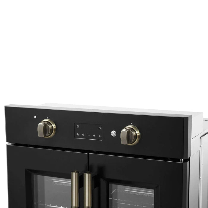 Forno Asti 30"French Door Electric Wall Oven in Black with Antique Brass Trim, FBOEL1333-30BLK09K