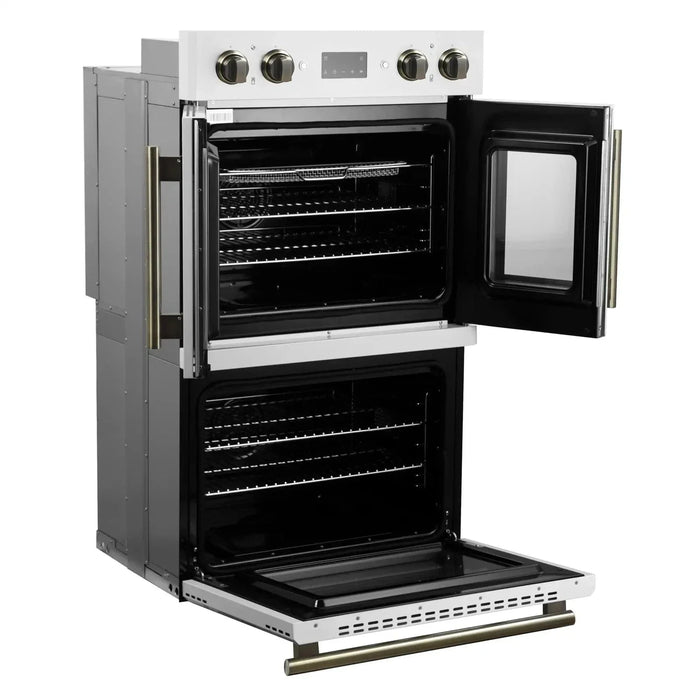 Forno Asti 30" Double Electric Wall Oven, Upper French Doors, White with Antique Brass Trim, FBOEL1340-30WHT09K