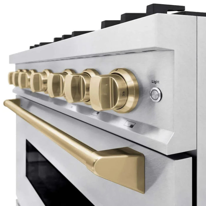 ZLINE 36" Dual Fuel Range, Gas Cooktop, Electric Convection Oven DuraSnow® Stainless Steel, Champagne Bronze CDRSZ-36-CB09K