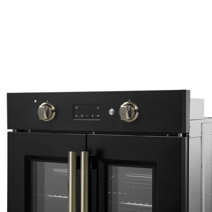 Forno Asti 30"French Door Electric Wall Oven in Black with Antique Brass Trim, FBOEL1333-30BLK09K