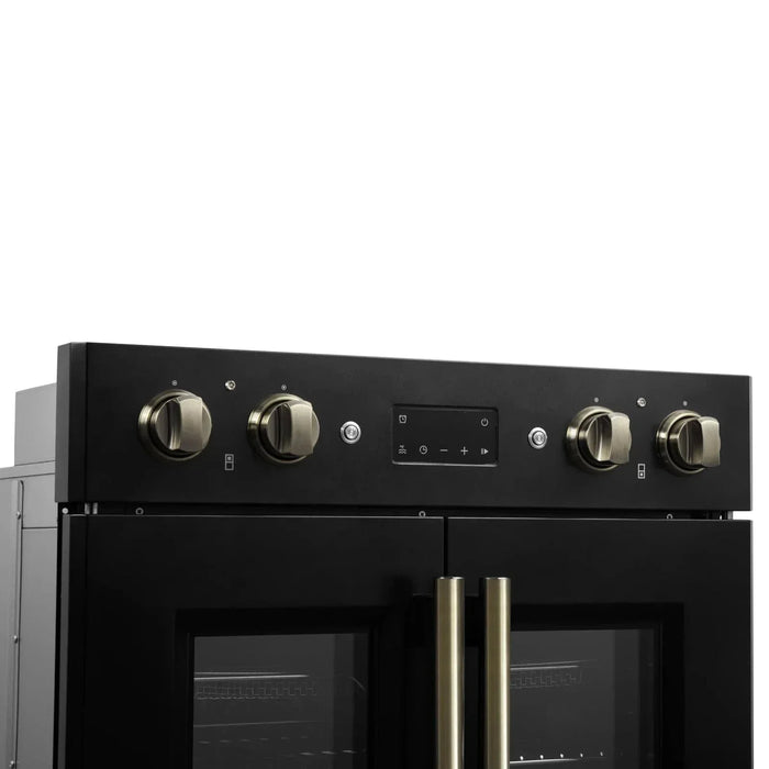 Forno Asti 30" Double Electric Wall Oven, Upper French Doors, Black with Antique Brass Trim, FBOEL1340-30BLK09K