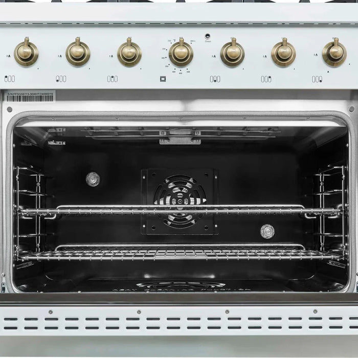 Forno Antico 36" Dual Fuel Range White and Antique Brass Design 6 Sealed Gas Burners Electric Convection Oven , FFSGS6113-36WHT09K