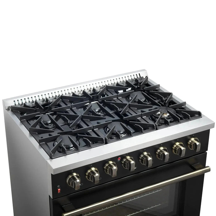 Forno Galiano Gold Professional - 36"Freestanding Dual Fuel Range Gas Stove, Electric Oven Black, Antique Brass Trim, FFSGS6156-36BLK09K