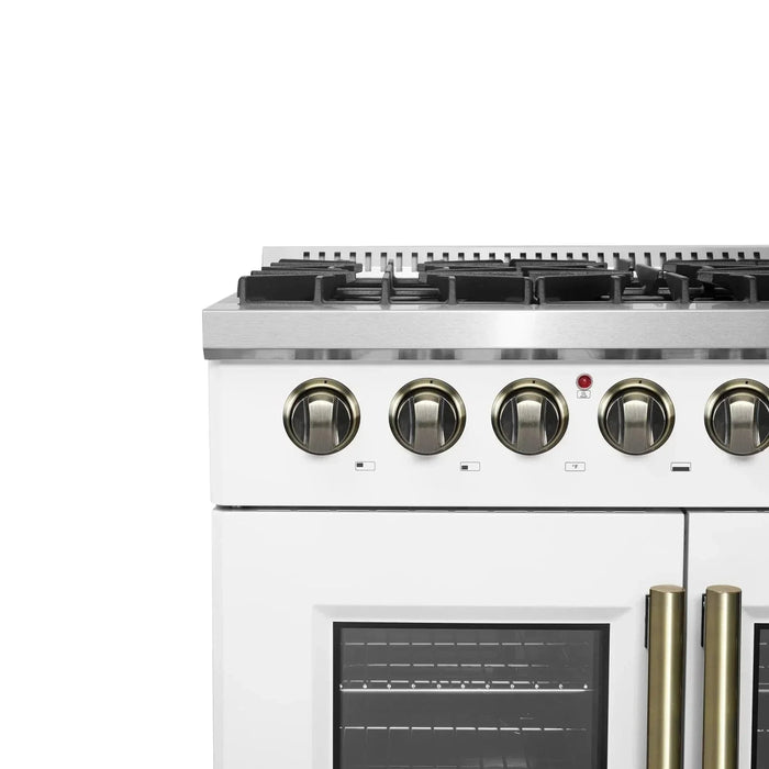 Forno Galiano 36"French DoorDual Fuel Range, Gas Stove, Electric Oven White, Antique Brass Trim, FFSGS6356-36WHT09K