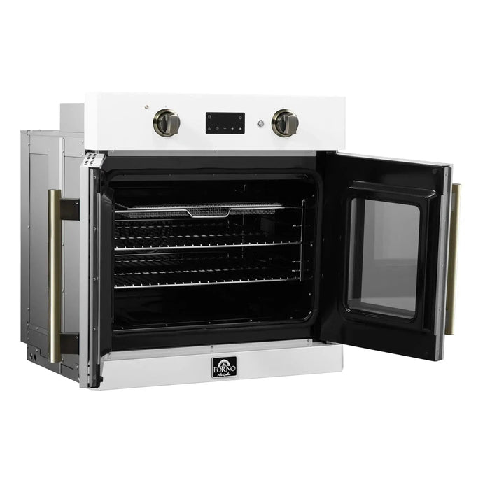 Forno Asti 30"French Door Electric Wall Oven in White with Antique Brass Trim, FBOEL1333-30WHT09K