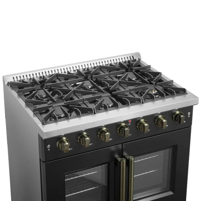 Forno Galiano 36." French Door All Gas Range, Black, Antique Brass Trim,FFSGS6444-36BLK09K
