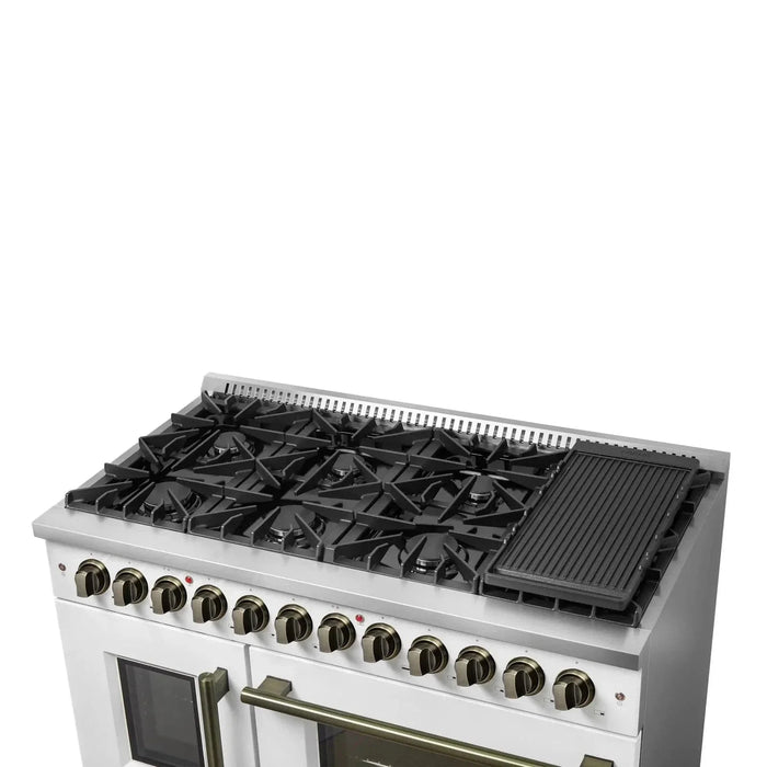 Forno Galiano 48" French Door Dual Fuel Range, 8 Burners, Electric Convection Oven, White Antique Brass Trim, FFSGS6356-48WHT09K