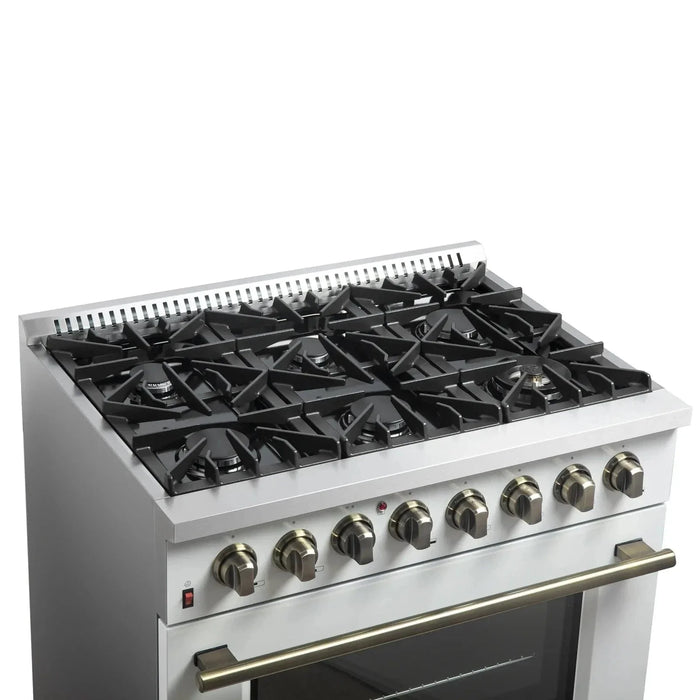 Forno Galiano Gold Professional - 36"Freestanding Dual Fuel Range Gas Stove, Electric Oven White, Antique Brass Trim, FFSGS6156-36WHT09K