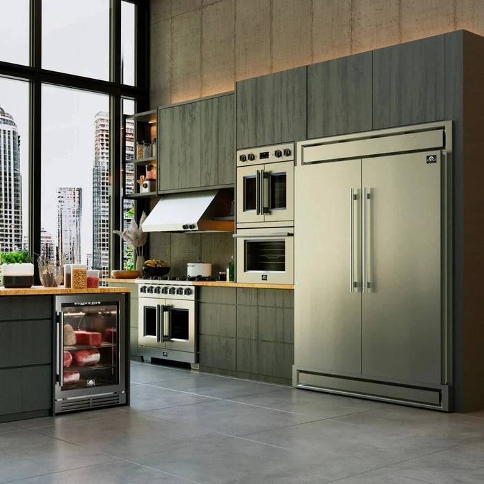 Forno Appliance Package - 48" Gas Range, Wall Mount Range Hood, 60" Refrigerator with Modern Grill Trim FBDL-019-07CAUS09K