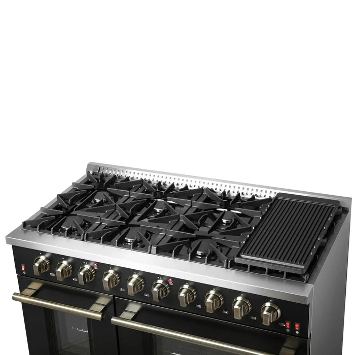 Forno Galiano 48"French Door Freestanding All Gas Range, Black with Antique Brass Trim, FFSGS6444-48BLK09K