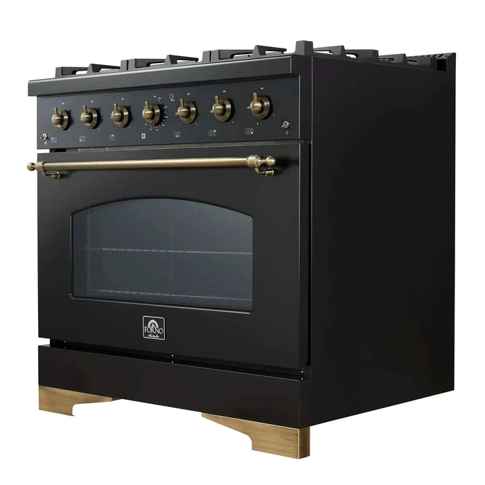 Forno Antico 36" Dual Fuel Range 6 Gas Burner Cooktop Electric Convection Oven Black Antique Brass Trim, FFSGS6113-36BLK09K