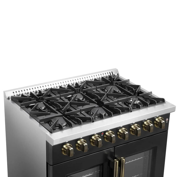 Forno Galiano 36"French DoorDual Fuel Range, Gas Stove, Electric Oven Black, Antique Brass Trim, FFSGS6356-36BLK09K
