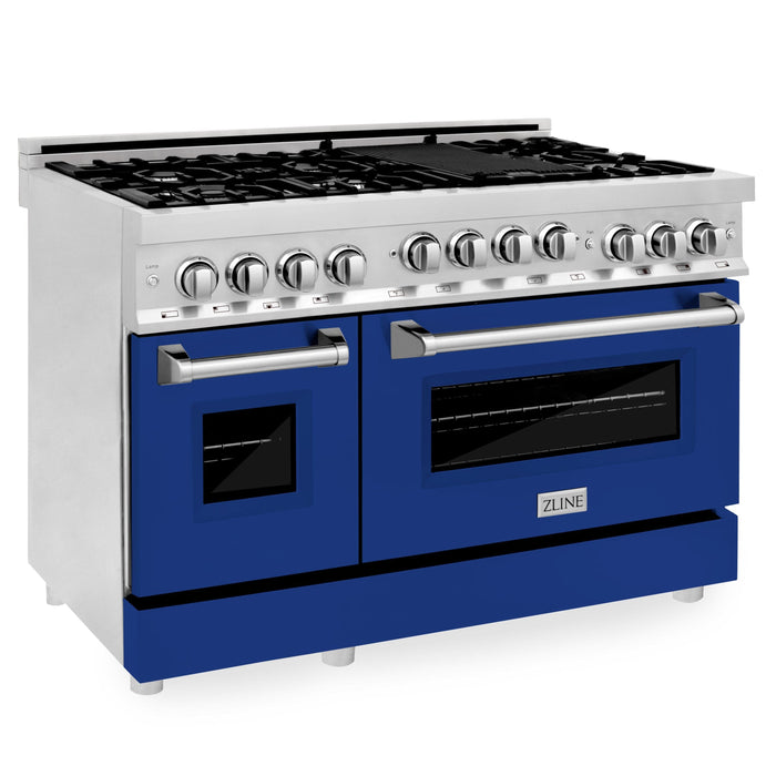 ZLINE 48" Gas on Gas Range in Stainless, Blue Gloss Door, RG-BG-48 - Farmhouse Kitchen and Bath
