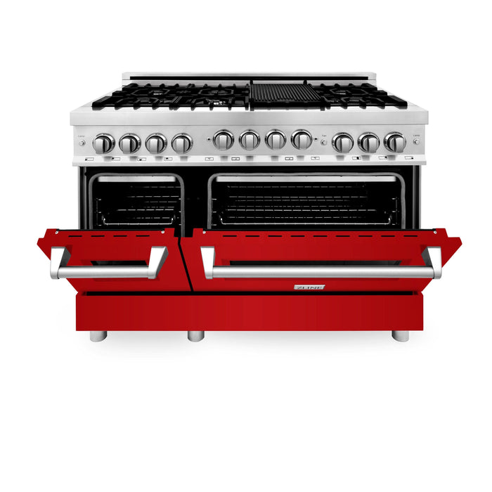 ZLINE 48" Gas on Gas Range in Stainless, Red Gloss Doors, RG-RG-48 - Farmhouse Kitchen and Bath