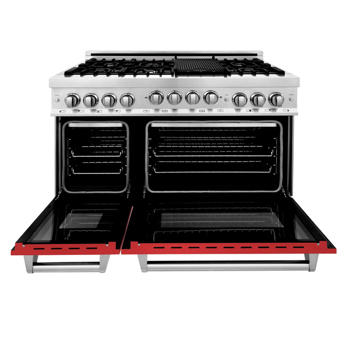 ZLINE 48" Gas on Gas Range in Stainless, Red Matt Doors, RG-RM-48 - Farmhouse Kitchen and Bath