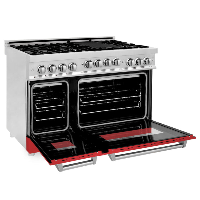 ZLINE 48" Gas on Gas Range in Stainless, Red Matt Doors, RG-RM-48 - Farmhouse Kitchen and Bath