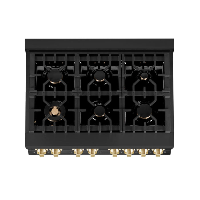 ZLINE 36" Autograph Gas Range, Black Stainless, Gold Accents, RGBZ-36-G - Farmhouse Kitchen and Bath