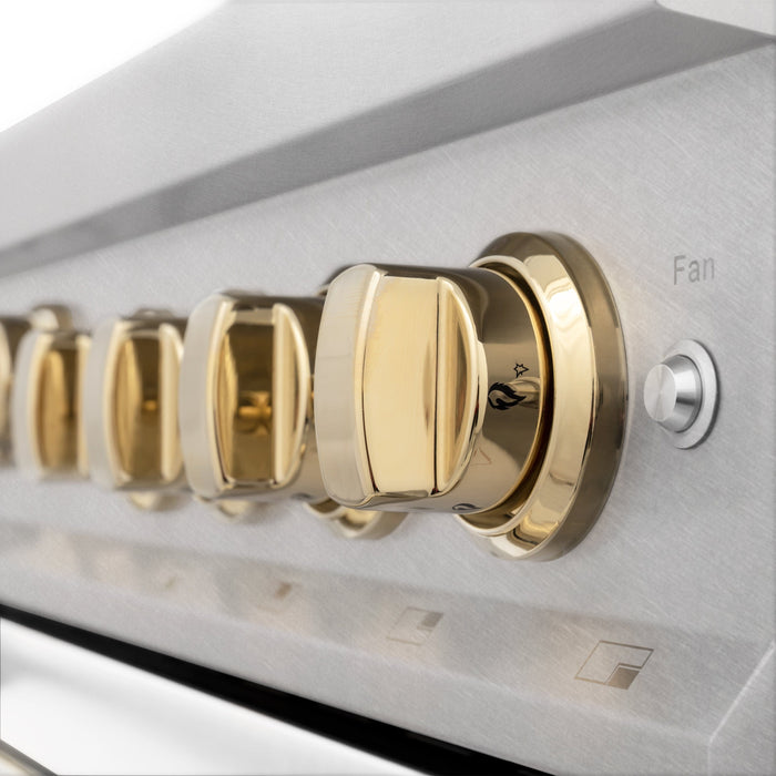ZLINE 36" Autograph Gas Range, DuraSnow, White Door, Gold RGSZ-WM-36-G - Farmhouse Kitchen and Bath
