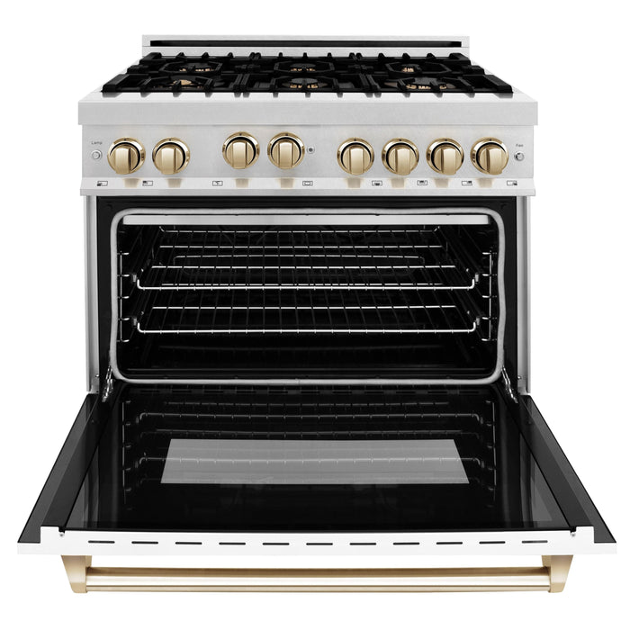 ZLINE 36" Autograph Gas Range, DuraSnow, White Door, Gold RGSZ-WM-36-G - Farmhouse Kitchen and Bath