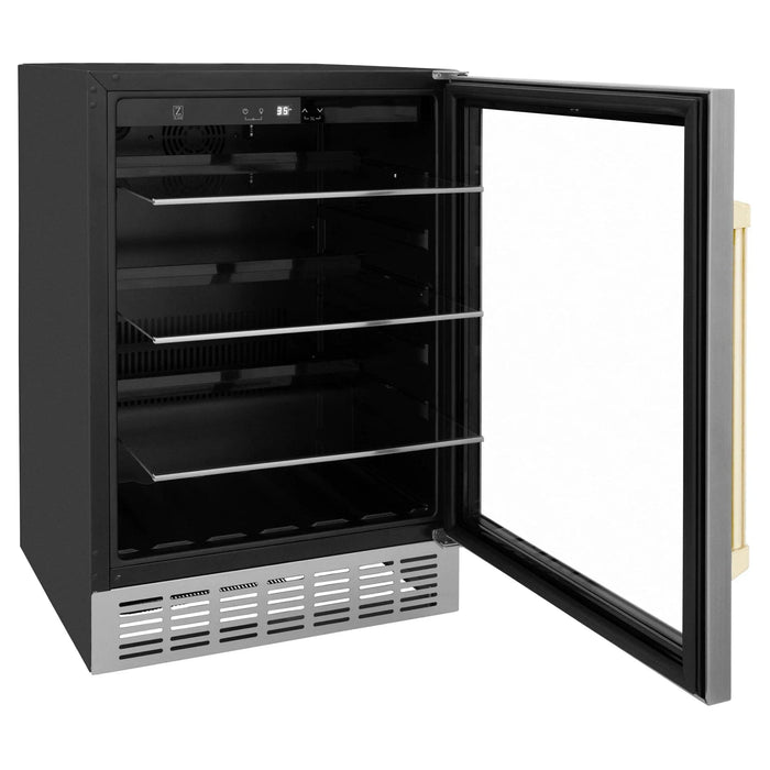 ZLINE 24" Autograph Edition 154 Can Beverage Cooler Fridge with Adjustable Shelves in Stainless Steel with Gold Accents RBVZ - US - 24 - G - Farmhouse Kitchen and Bath