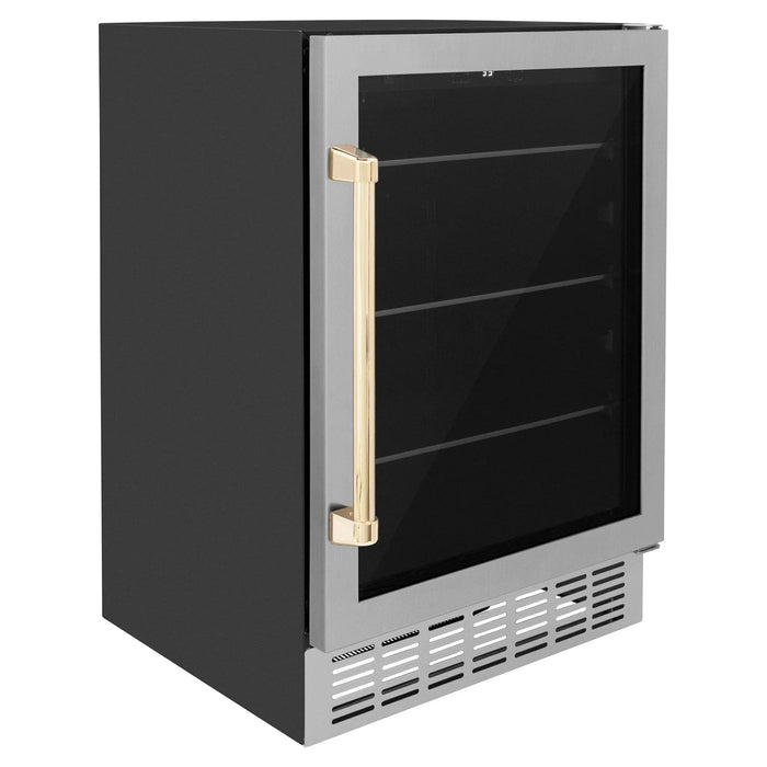 ZLINE 24" Autograph Edition 154 Can Beverage Cooler Fridge with Adjustable Shelves in Stainless Steel with Gold Accents RBVZ - US - 24 - G - Farmhouse Kitchen and Bath