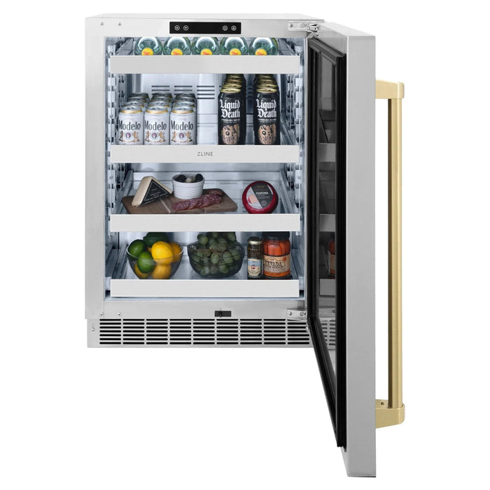 ZLINE 24 in. Touchstone Beverage Fridge, Solid Stainless Door, Champagne Bronze Handle RBSOZ - ST - 24 - CB - Farmhouse Kitchen and Bath