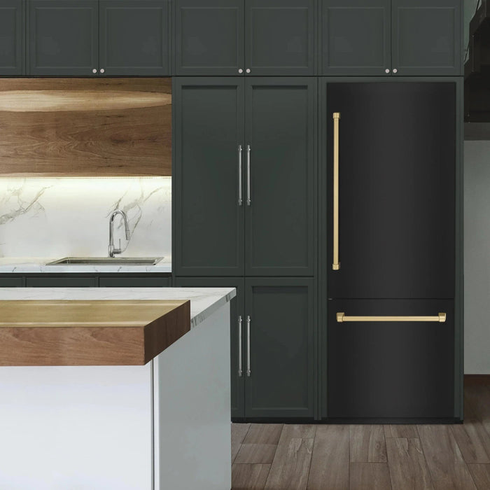 ZLINE 30" Autograph 16.1 cu. ft. 2 - Door Bottom Freezer Fridge Water/Ice Dispenser Black Stainless Steel Champagne Bronze Accents RBIVZ - BS - 30 - CB - Farmhouse Kitchen and Bath